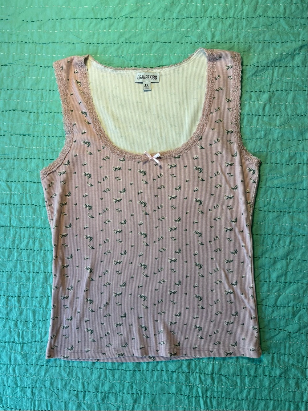 Orange Kiss Light Pink Floral Tank with Lace Trim and Ribbon Bow Accents 1X